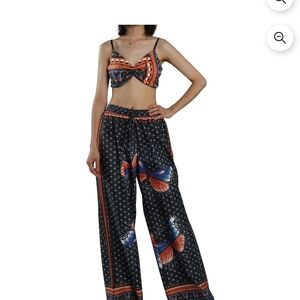 Black and Orange Butterfly Print Women's Jumpsuit